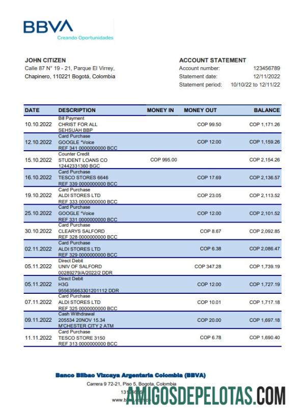 Colombia BBVA Bank Staement Xls modelo